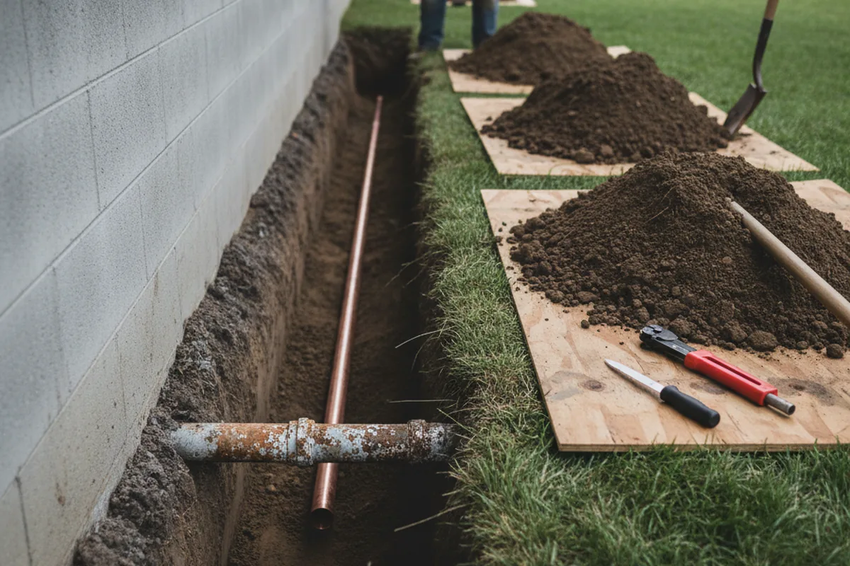 Excavated water line trench during Water Softener Installation in Hickory Grove